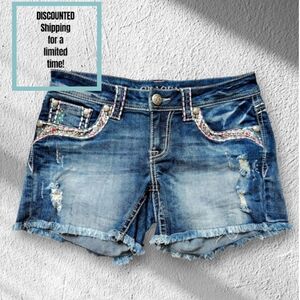 Grace In LA Blue Jean Embroidered Contrast Stitch Distressed Fringe Hem Shorts